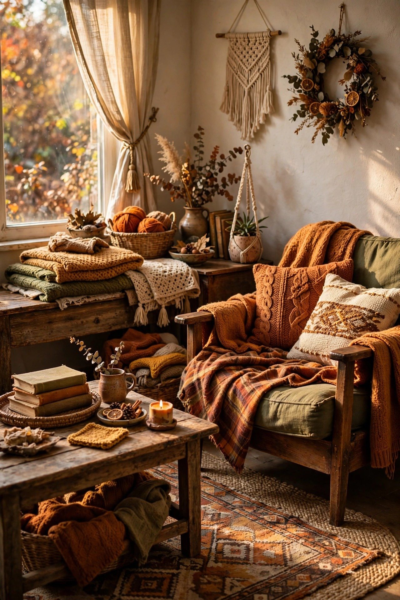 Cozy thrifted living room with second-hand wooden furniture and handmade decor in warm fall light
