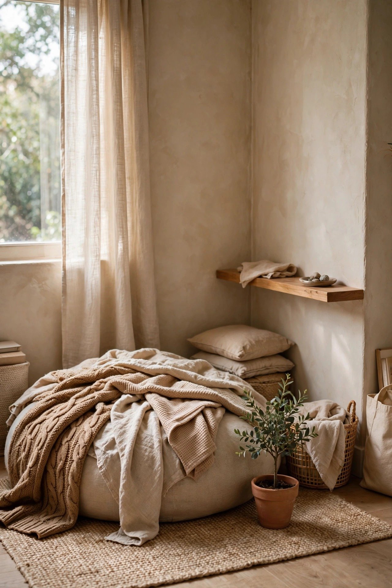 Compact studio living corner in warm neutrals with layered throws, a small plant and soft light