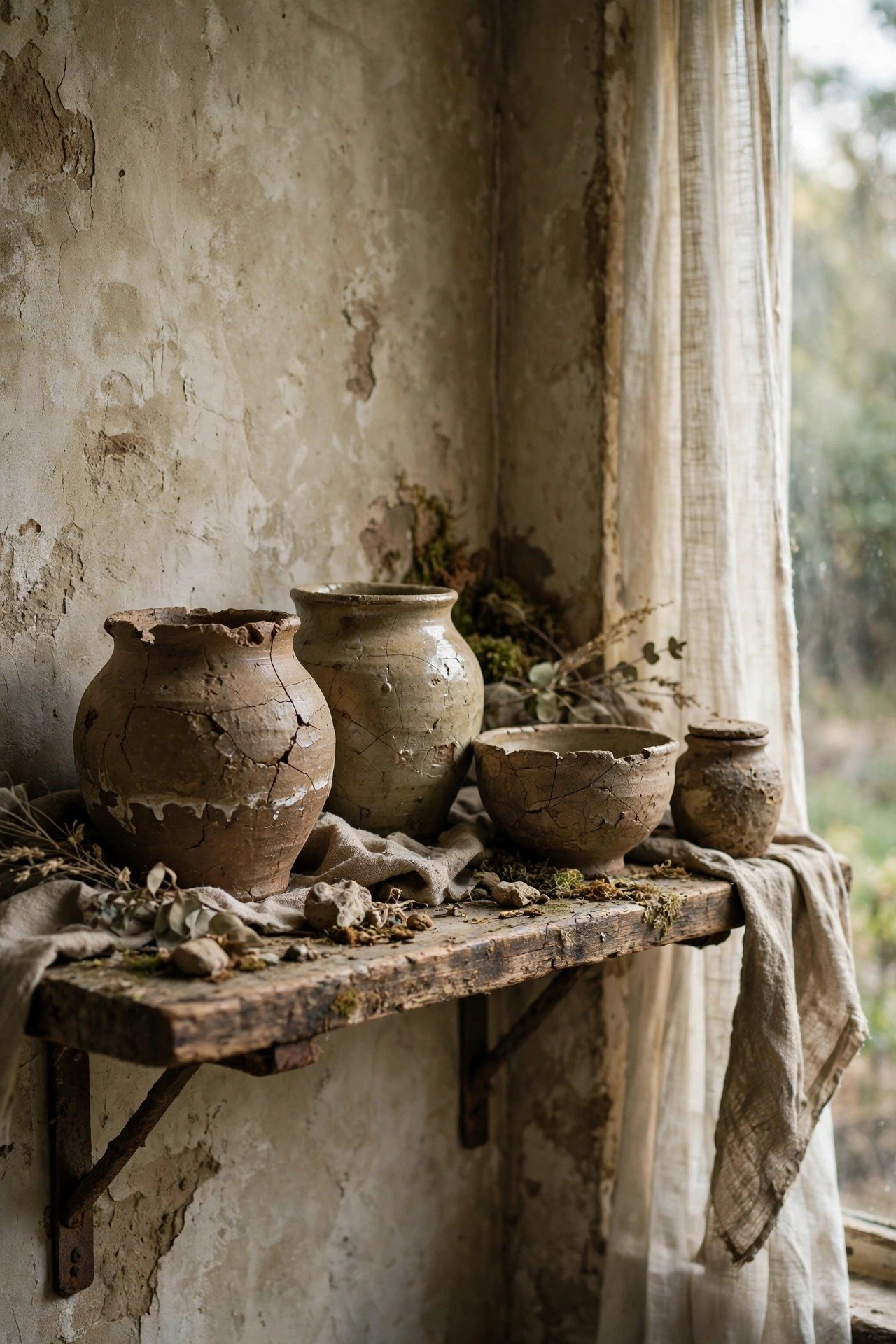 Weathered clay pottery with visible cracks on a rustic wooden shelf — wabi-sabi's celebration of imperfection