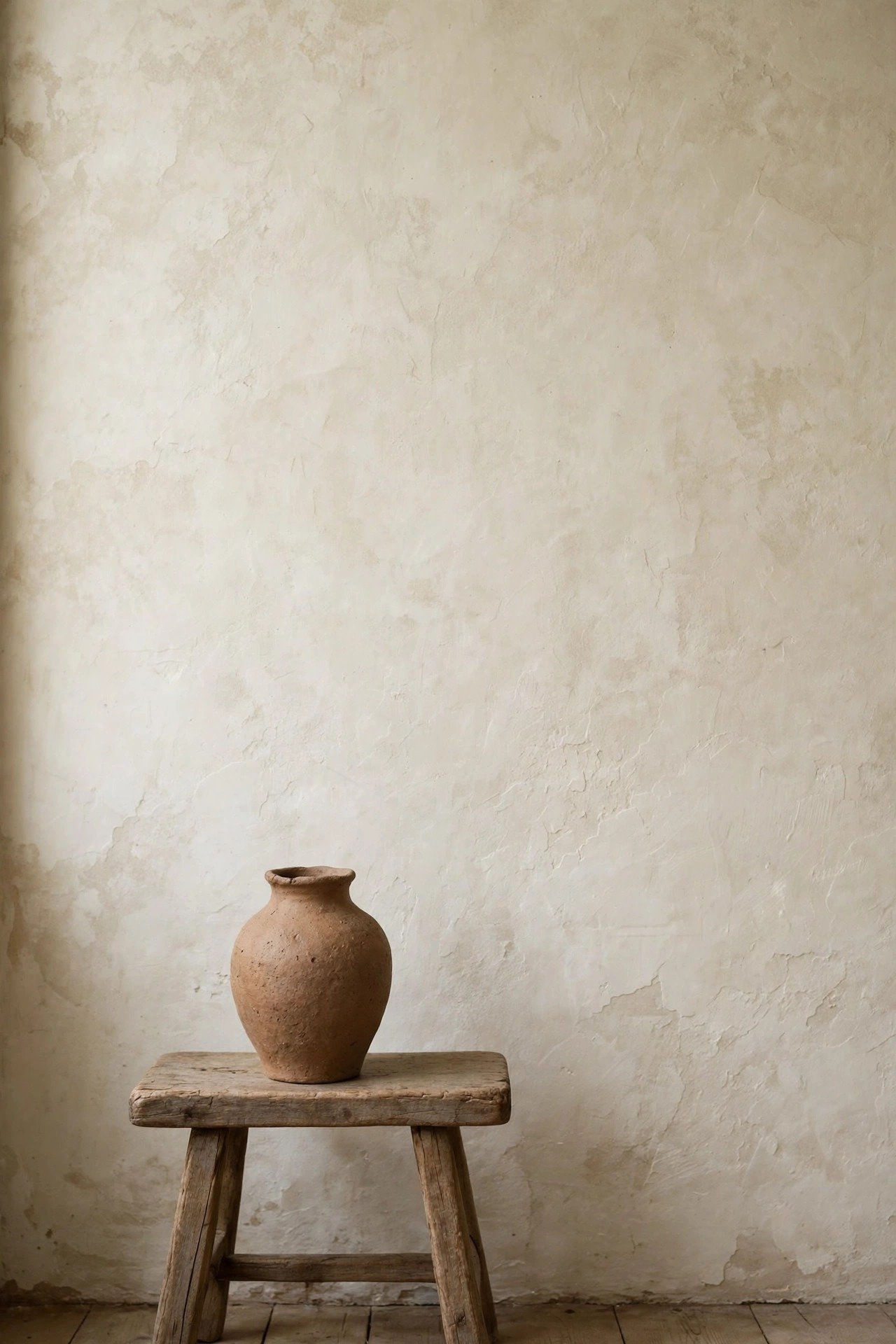 Limewashed plaster wall with a single handmade clay vase — wabi-sabi texture
